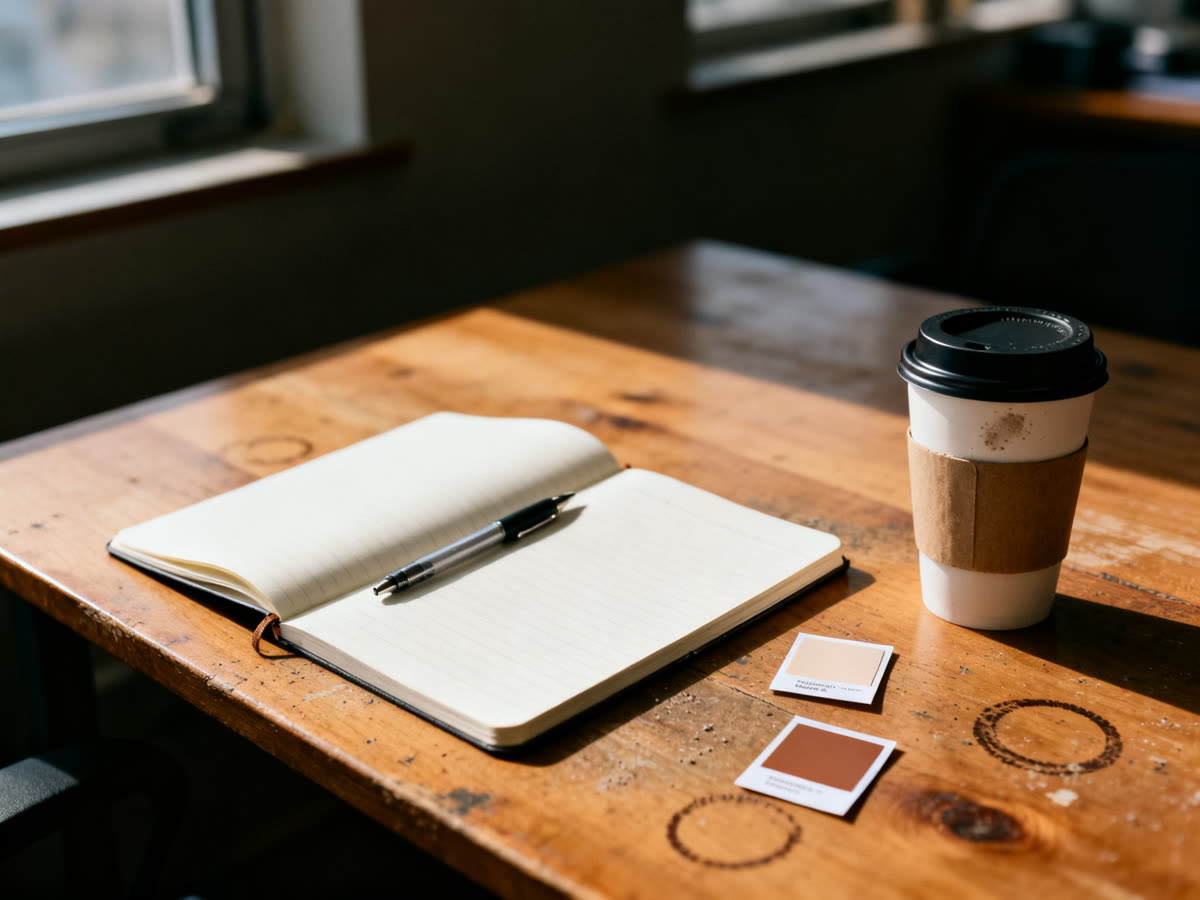 A desk with a notebook, coffee and two product samples set down beside them.