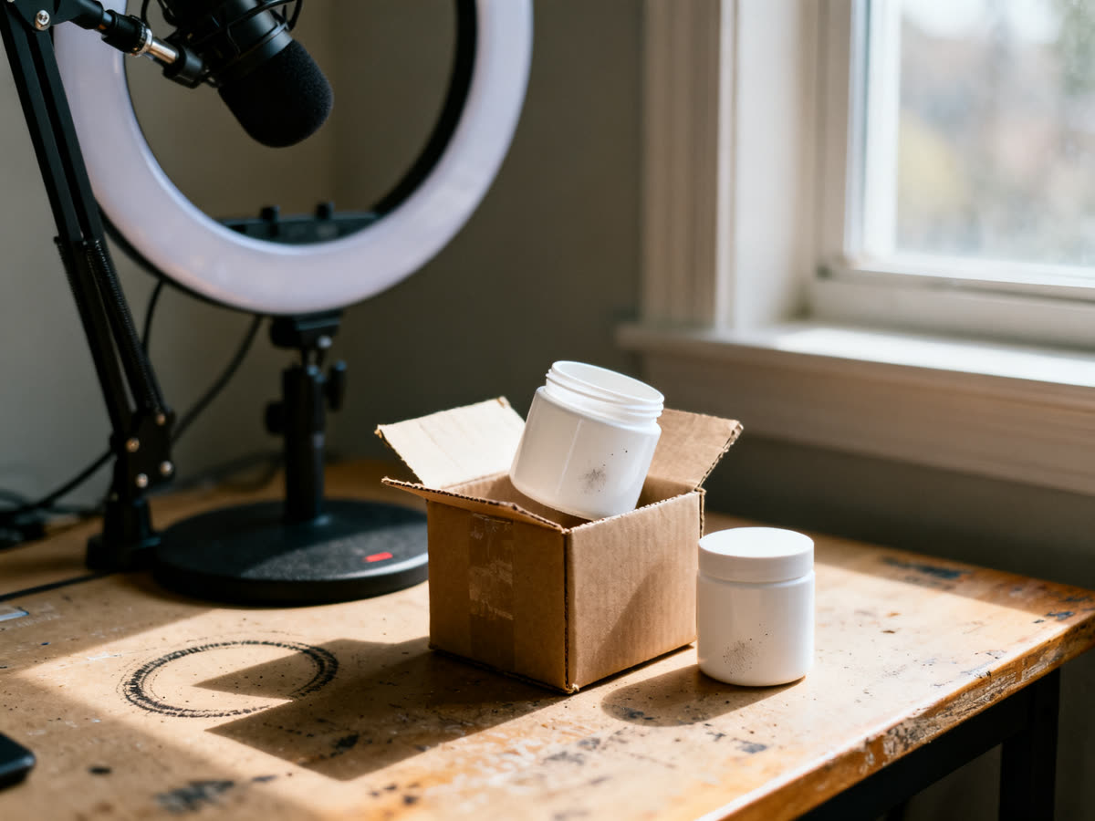 A home studio desk with a ring light and a just-opened box of finished product.
