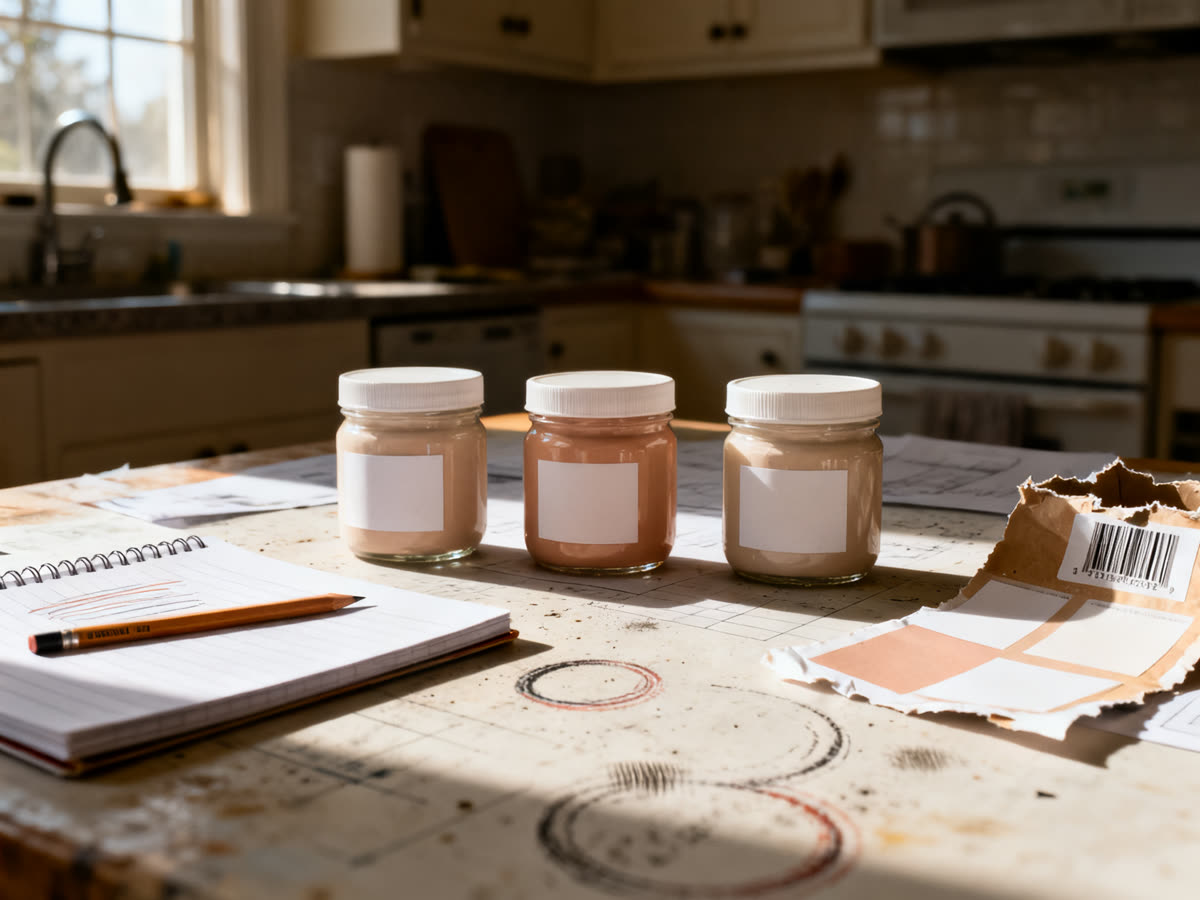 A kitchen table with early product samples lined up beside a notebook.
