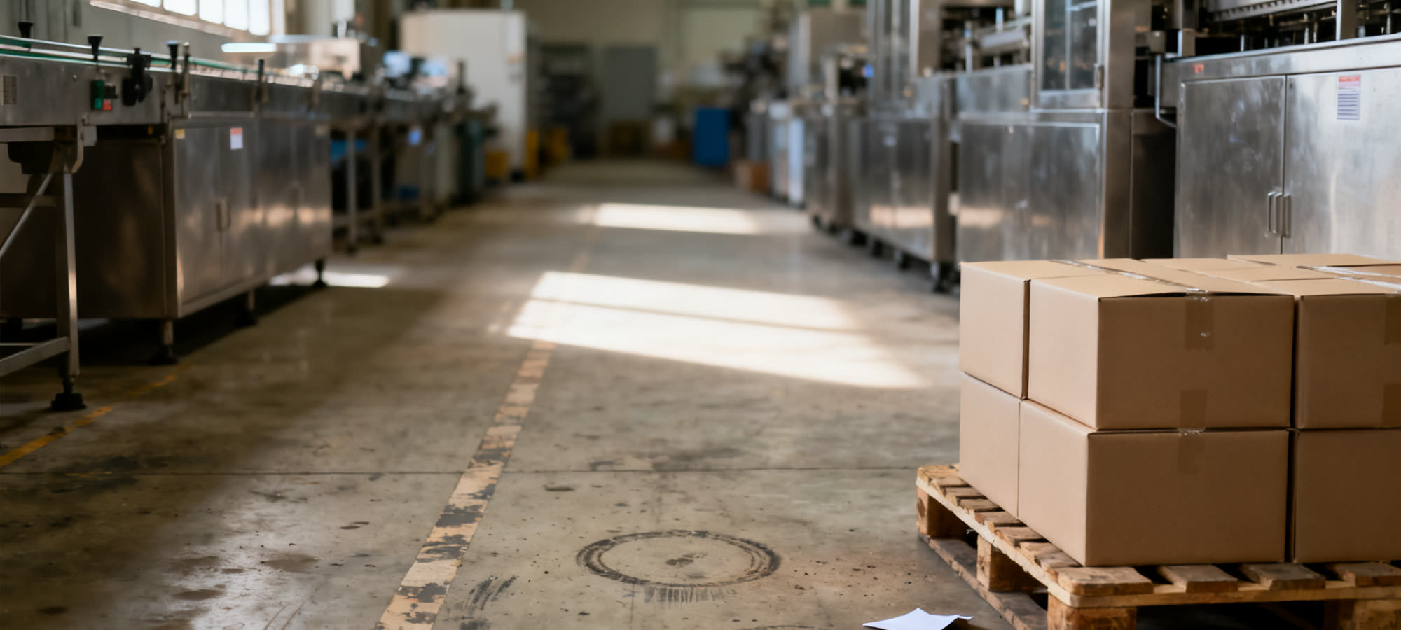 An aisle of an industrial production floor with plain unmarked equipment.
