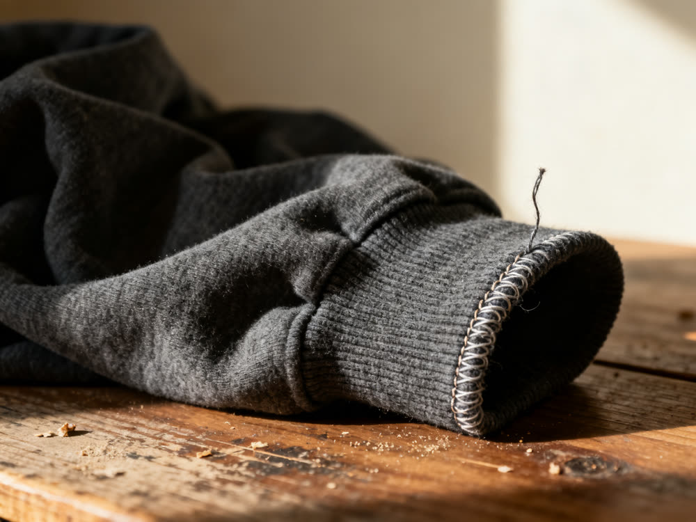 Macro of a ribbed cotton cuff showing individual fibres and knit loops.