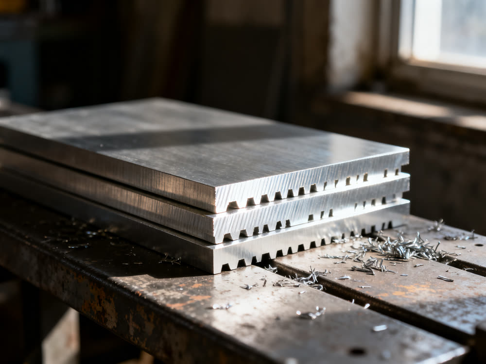The bright raw laser-cut edge of a stack of aluminium blanks.