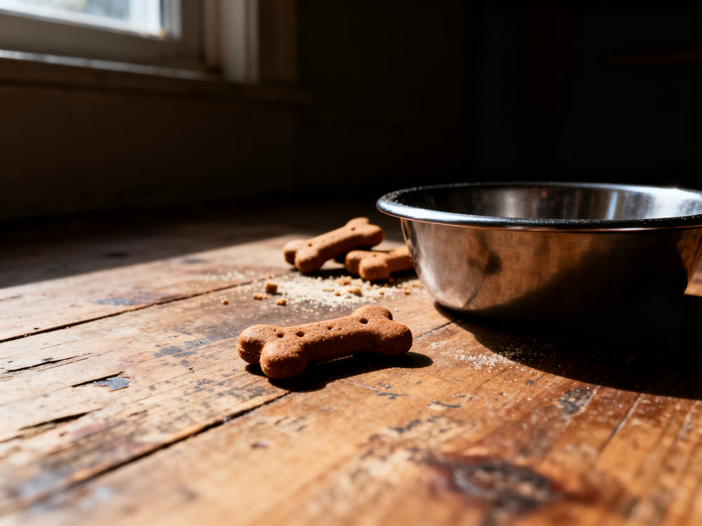 Bone-shaped dog biscuits tipped across scuffed wood beside a steel bowl.