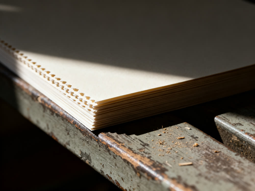 A fanned stack of blank uncoated cardstock under raking light.