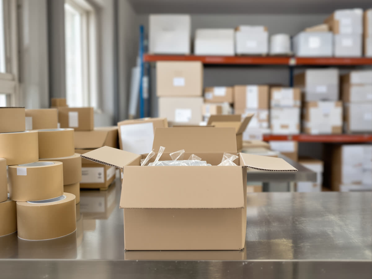 An open corrugated shipping carton with paper fill on a packing bench, flat-packed cartons stacked behind it.