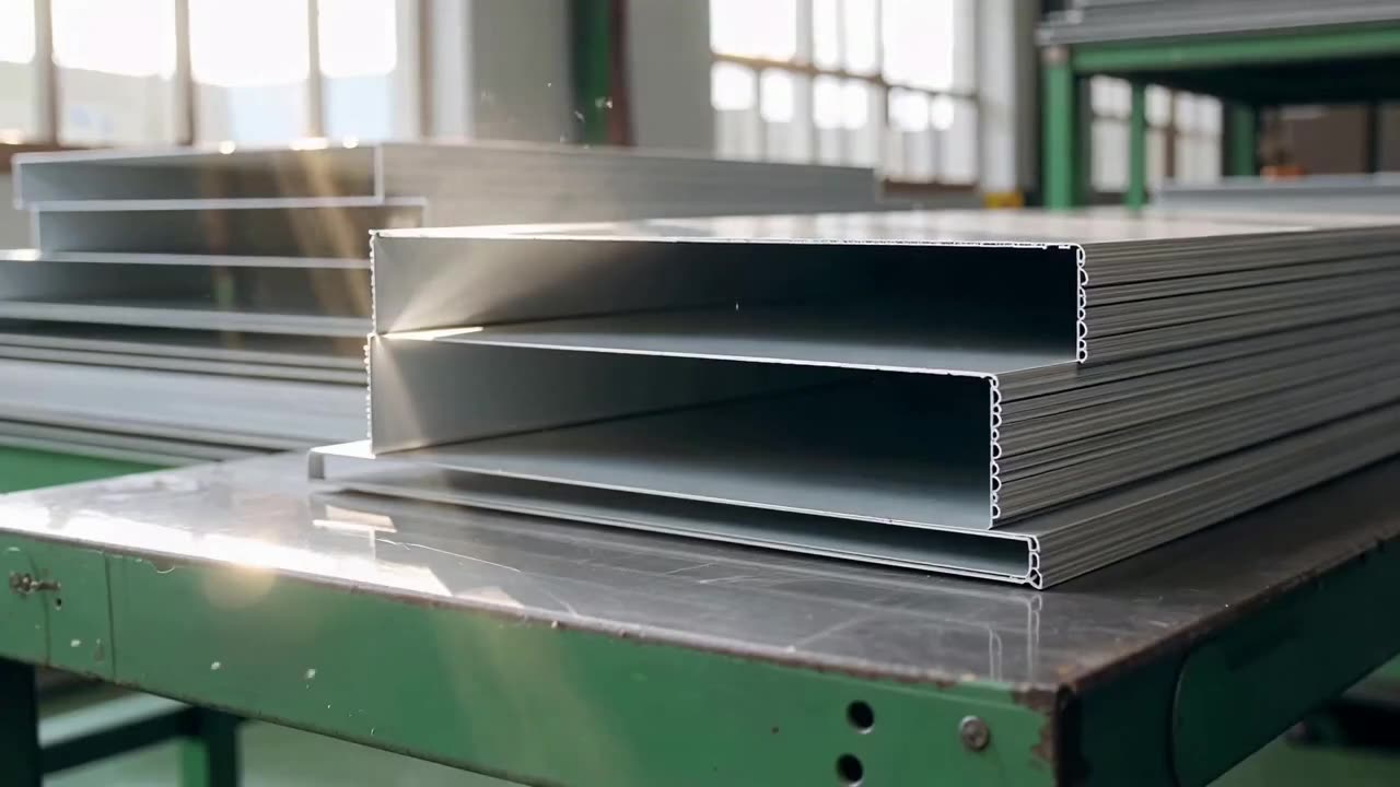 Macro of laser-cut aluminium sheet edges on a workbench with dust in a shaft of light.