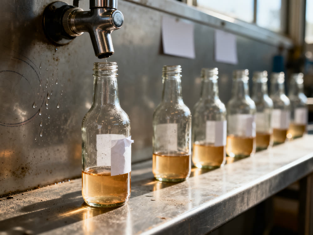 A row of glass bottles part-filled with pale amber liquid under a filling nozzle.