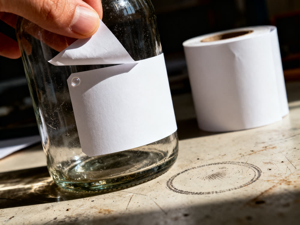 A blank label being smoothed onto a glass bottle.