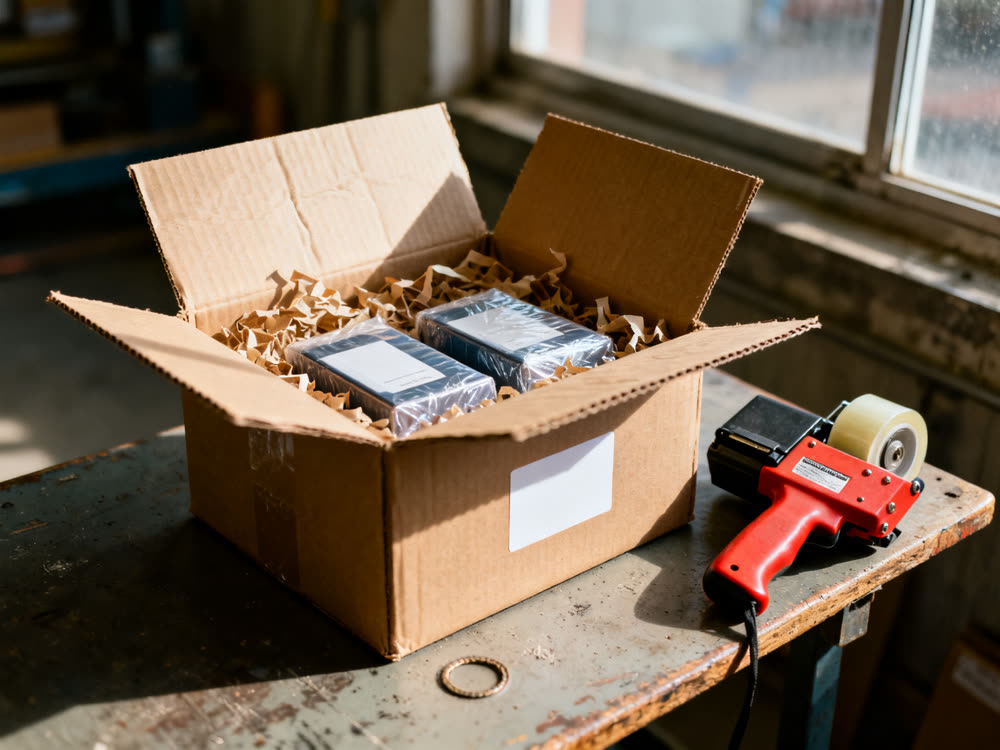 A corrugated carton part-packed with crinkle paper and wrapped products.
