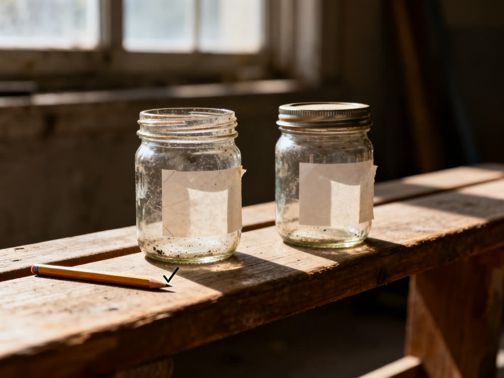 Two nearly identical sample jars side by side with a pencil tick on the bench.